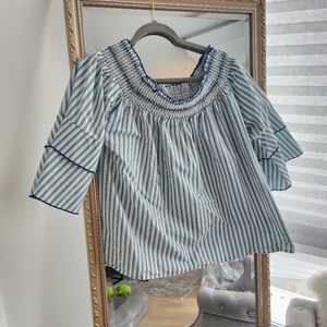 Grand & Greene Smocked Neck Off Shoulder Striped Blouse | Size L